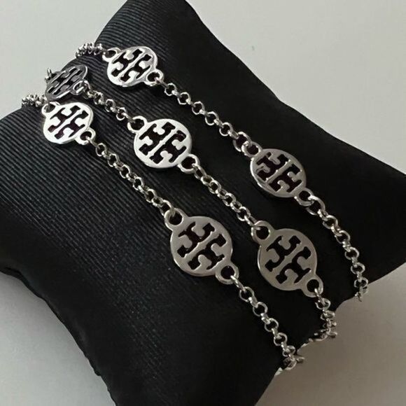 TORY BURCH•Triple Layered‎ Silvertone Logo Bracelet - Picture 1 of 9